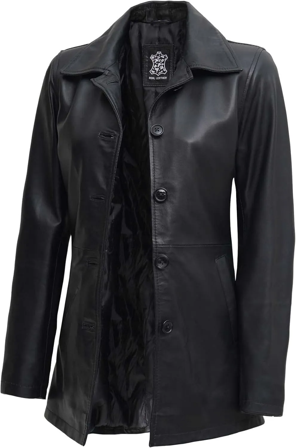 Decrum Leather Coat Women - Casual Car Coat Style 3/4 Length Real Lambskin Leather Jackets for Women