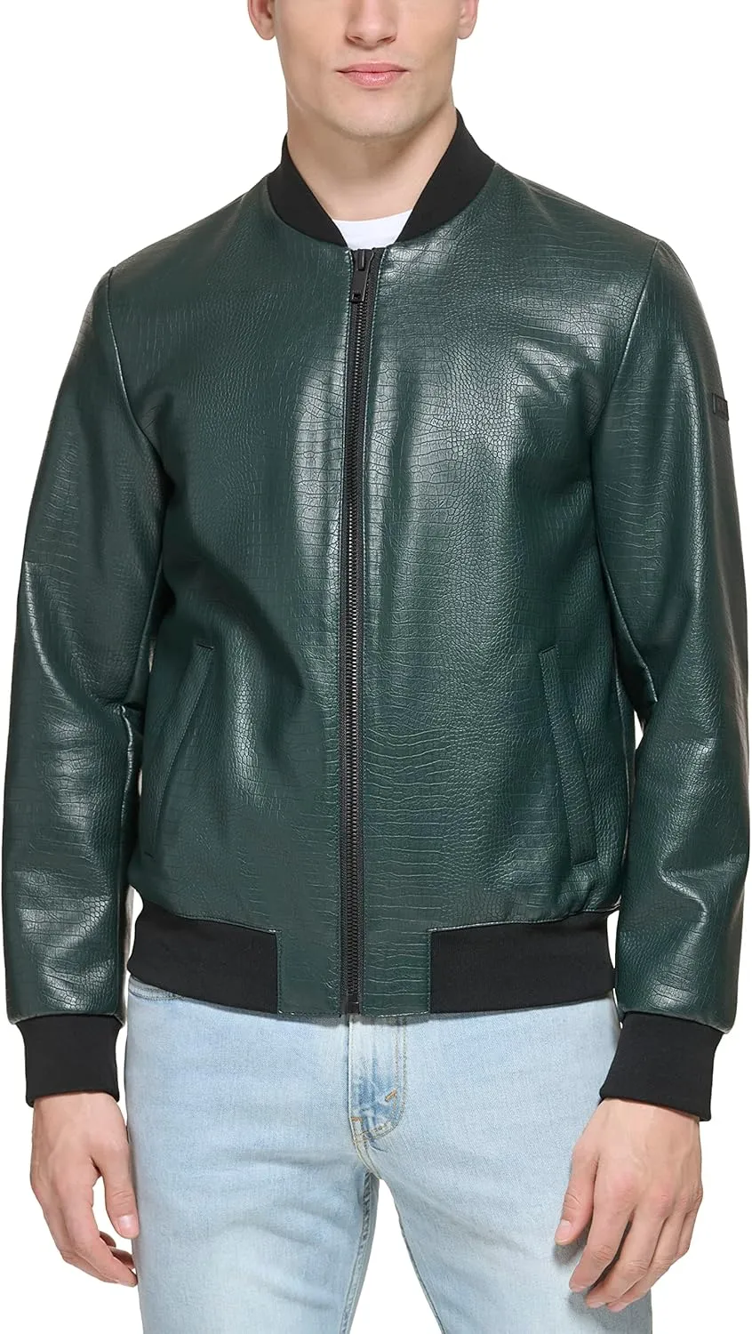 DKNY Men's Faux Leather Varsity Bomber Jacket