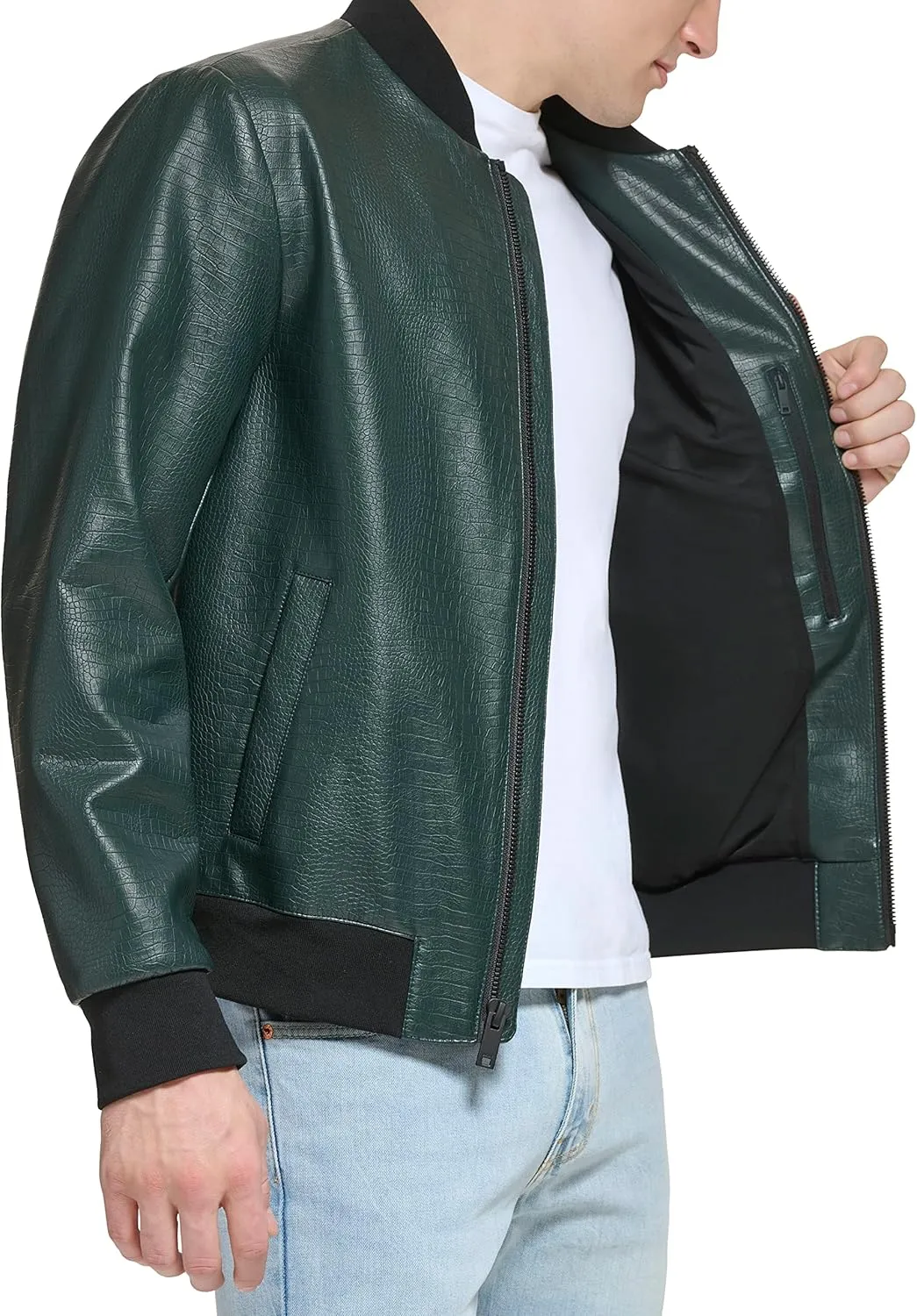 DKNY Men's Faux Leather Varsity Bomber Jacket