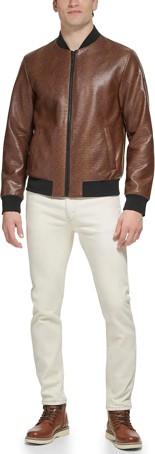 DKNY Men's Faux Leather Varsity Bomber Jacket