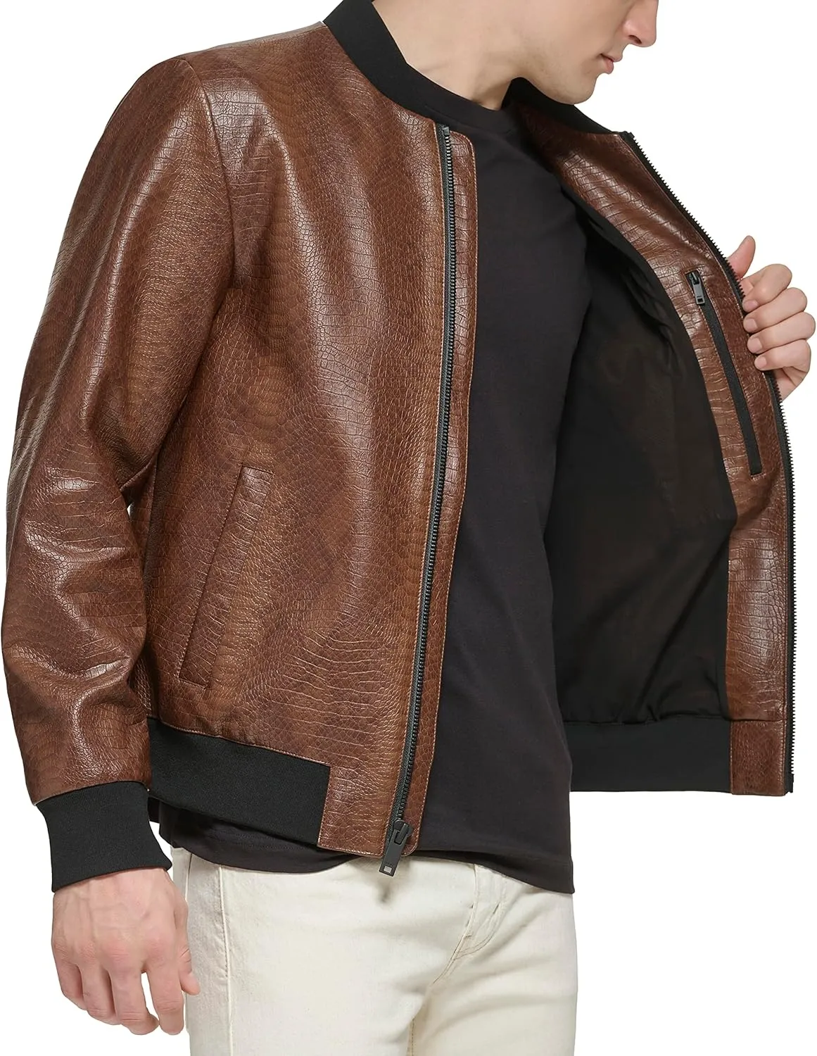 DKNY Men's Faux Leather Varsity Bomber Jacket