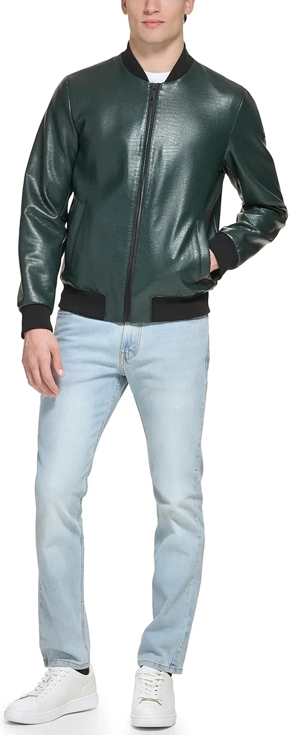 DKNY Men's Faux Leather Varsity Bomber Jacket