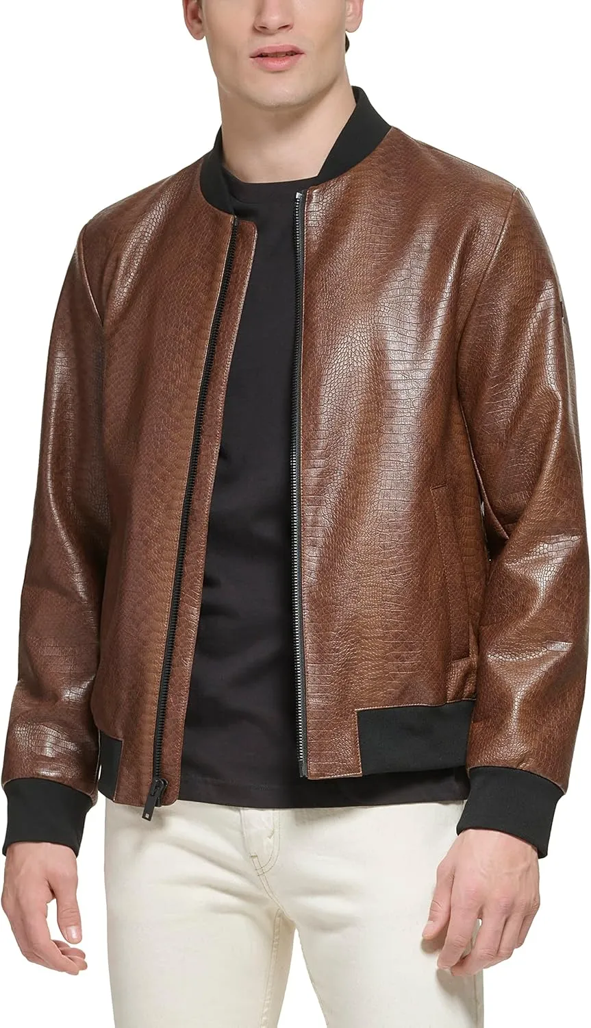 DKNY Men's Faux Leather Varsity Bomber Jacket
