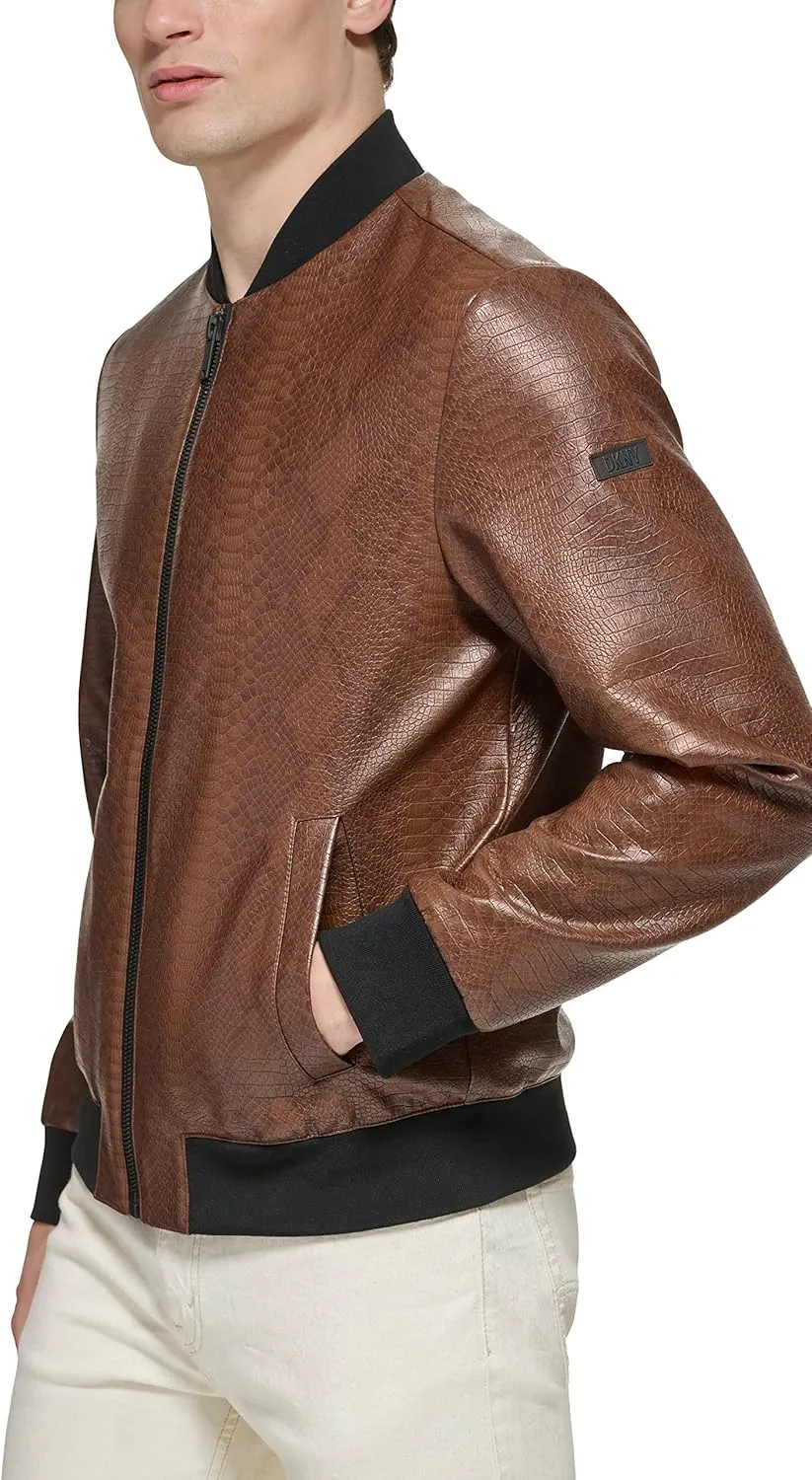 DKNY Men's Faux Leather Varsity Bomber Jacket