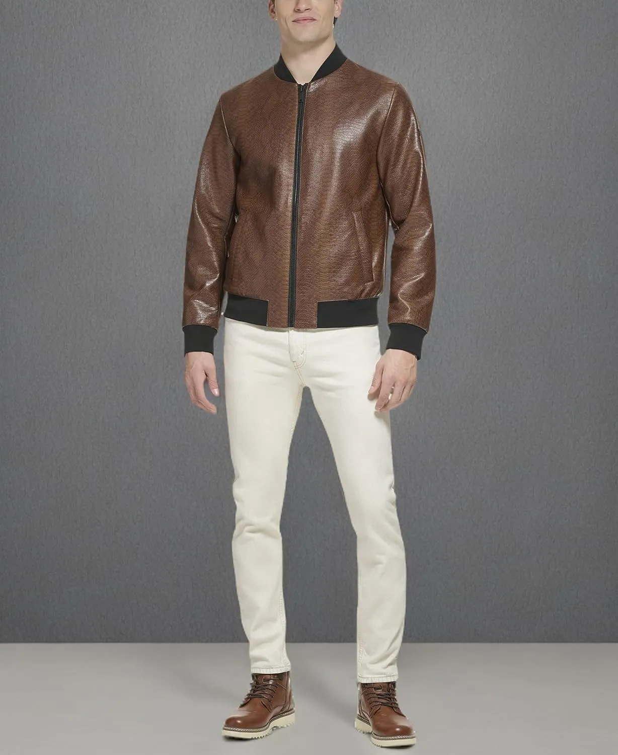 DKNY Men's Faux Leather Varsity Bomber Jacket