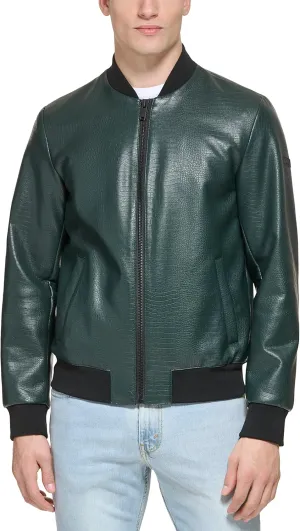 DKNY Men's Faux Leather Varsity Bomber Jacket
