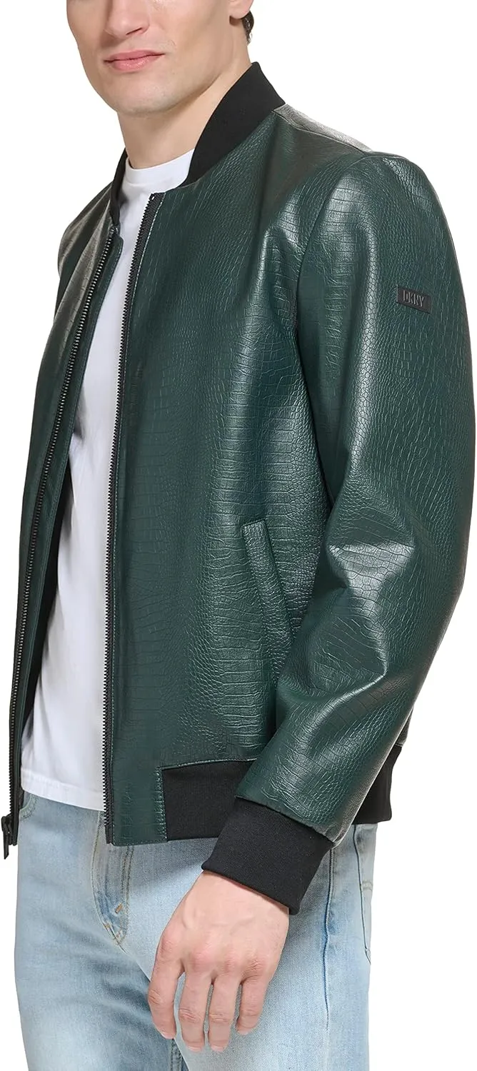 DKNY Men's Faux Leather Varsity Bomber Jacket