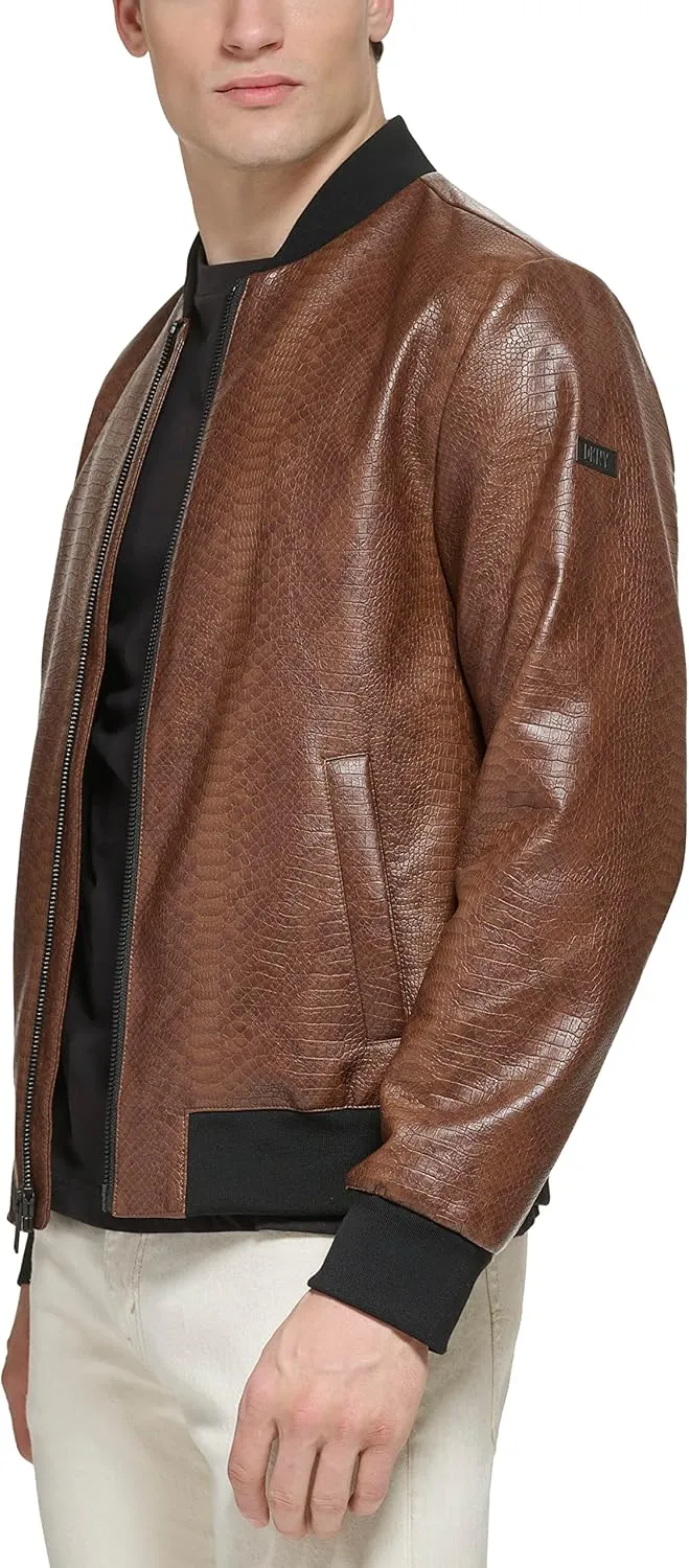 DKNY Men's Faux Leather Varsity Bomber Jacket
