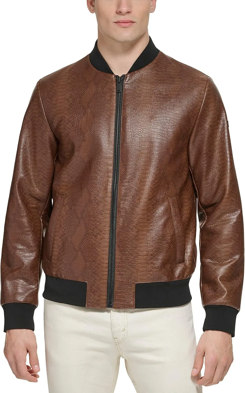 DKNY Men's Faux Leather Varsity Bomber Jacket