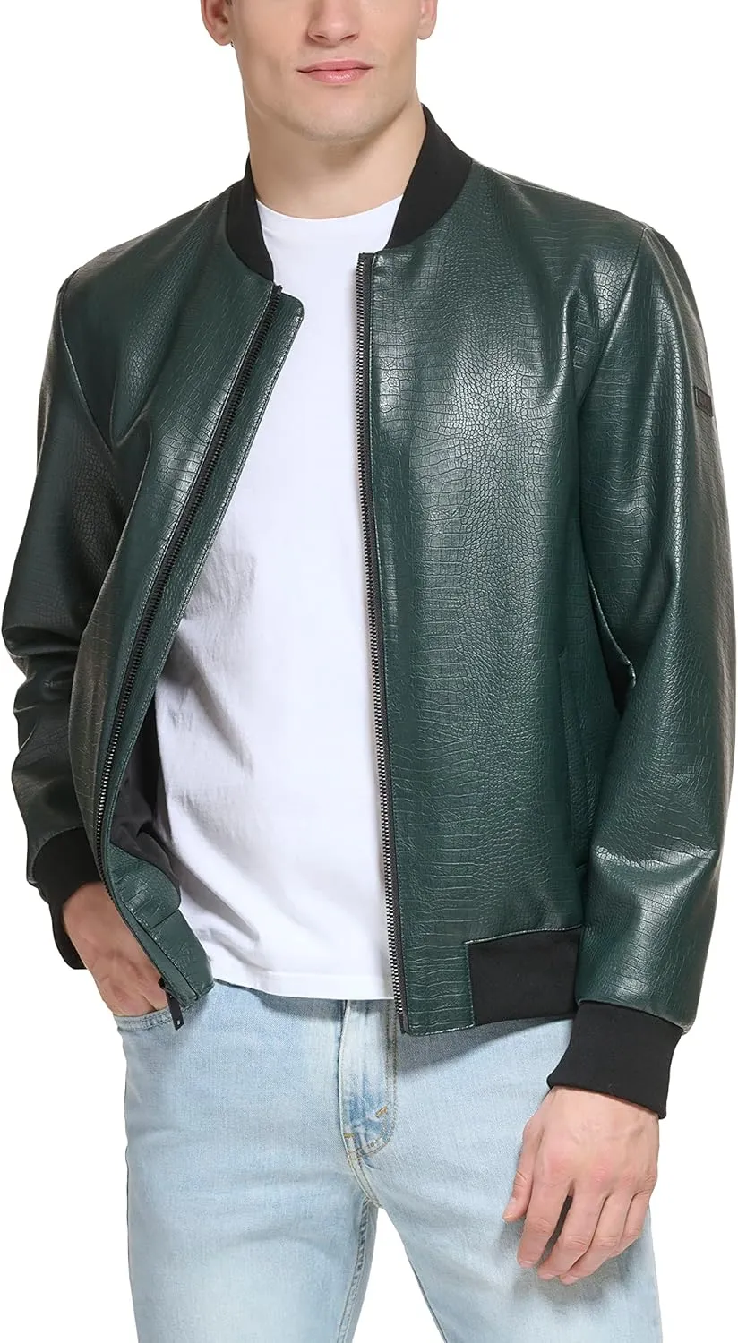 DKNY Men's Faux Leather Varsity Bomber Jacket