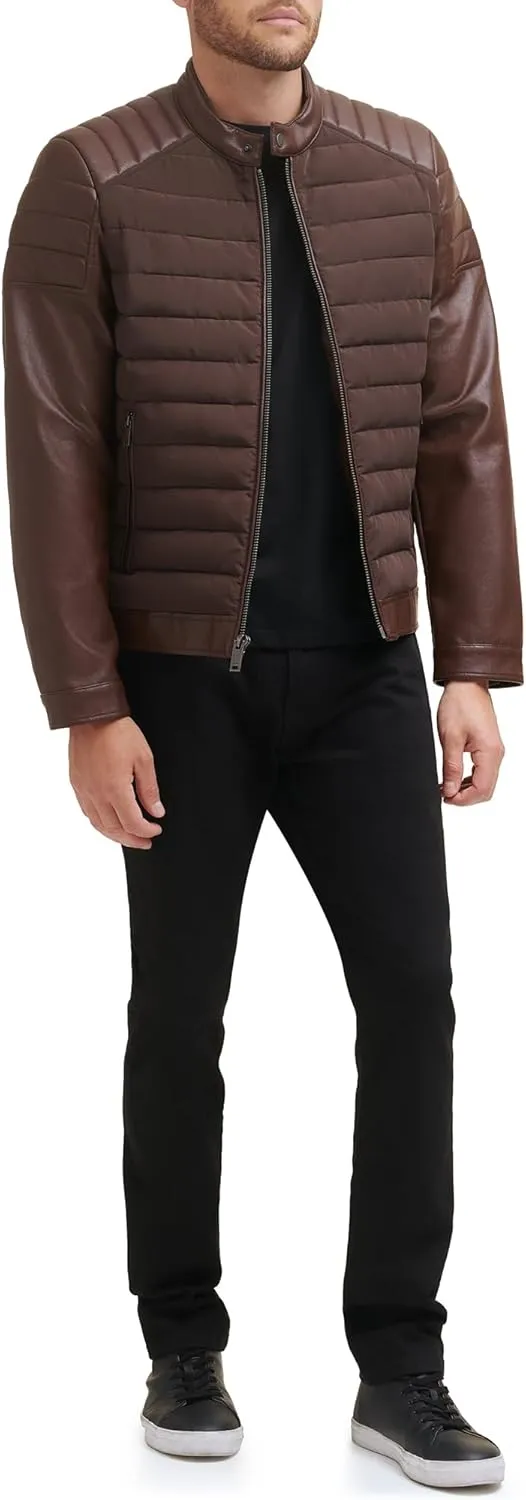 DKNY Men's Mixed Media Faux Leather Puffer Motocros Racer Jacket
