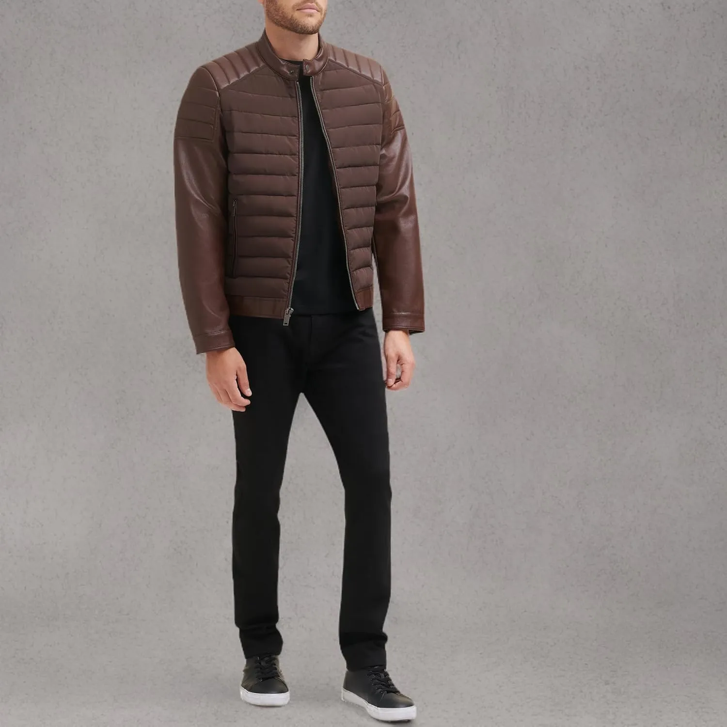 DKNY Men's Mixed Media Faux Leather Puffer Motocros Racer Jacket