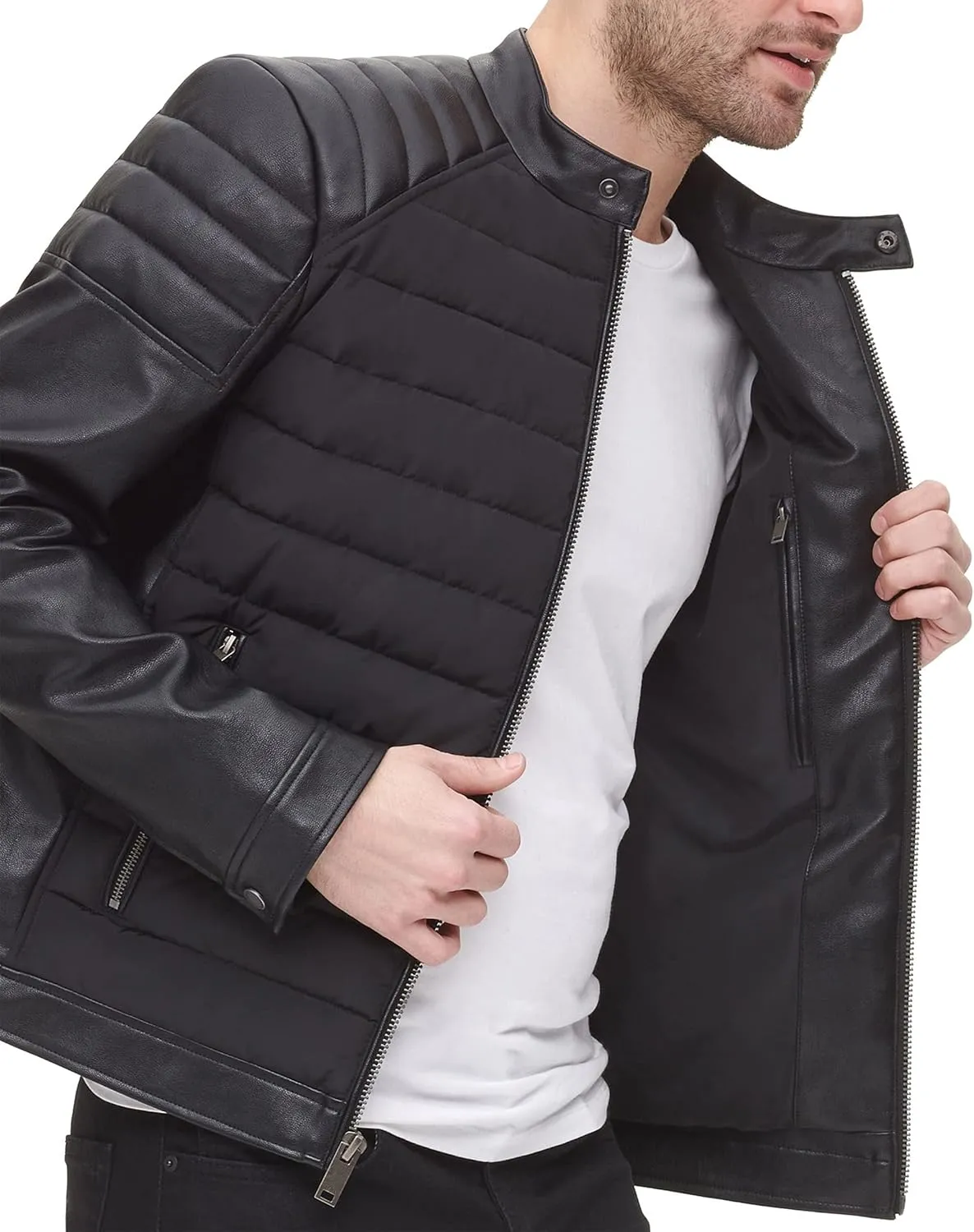 DKNY Men's Mixed Media Faux Leather Puffer Motocros Racer Jacket