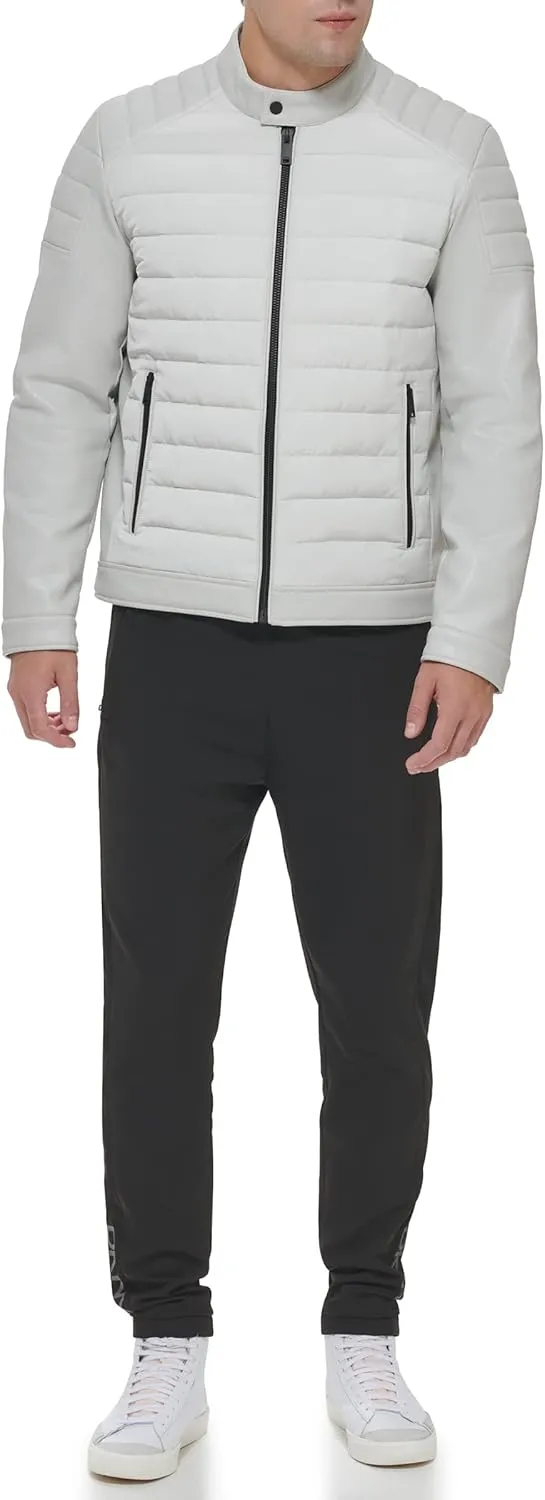 DKNY Men's Mixed Media Faux Leather Puffer Motocros Racer Jacket