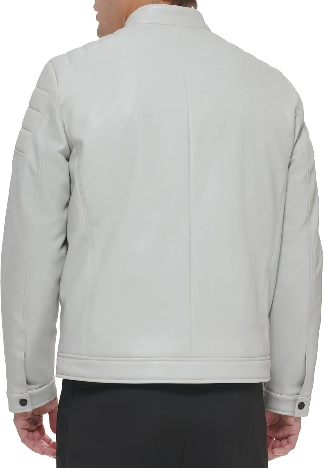 DKNY Men's Mixed Media Faux Leather Puffer Motocros Racer Jacket