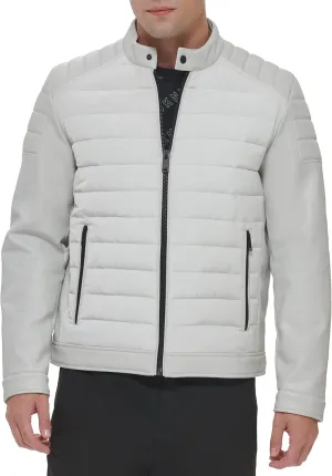 DKNY Men's Mixed Media Faux Leather Puffer Motocros Racer Jacket