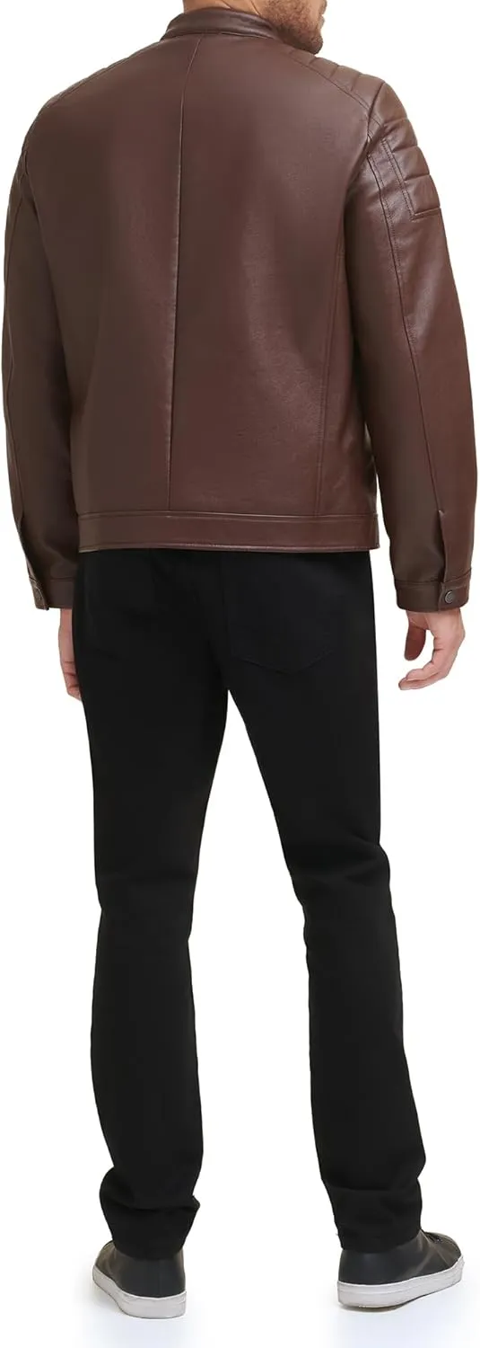 DKNY Men's Mixed Media Faux Leather Puffer Motocros Racer Jacket