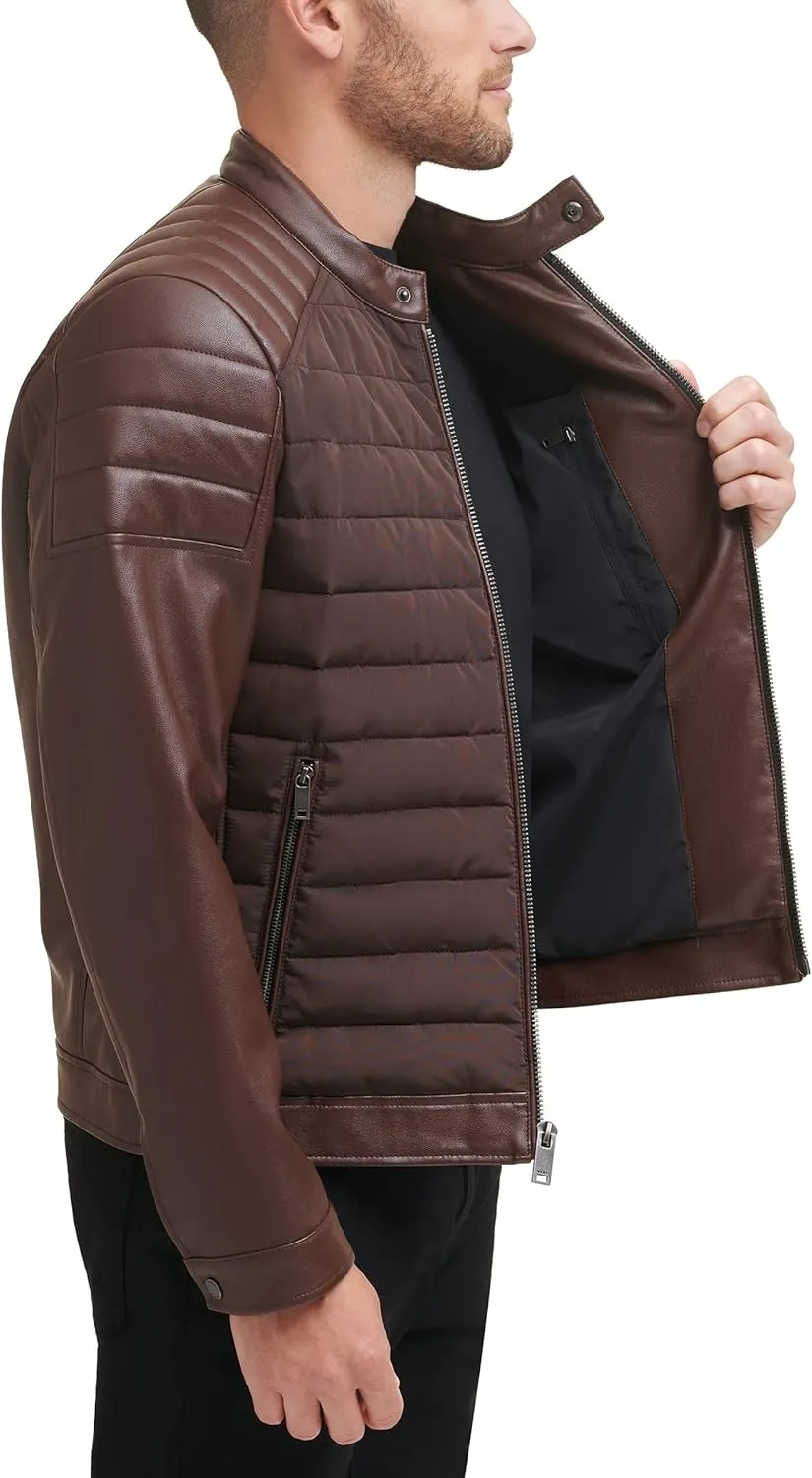 DKNY Men's Mixed Media Faux Leather Puffer Motocros Racer Jacket