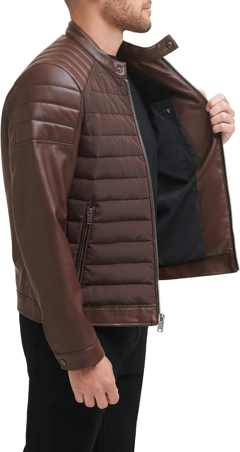 DKNY Men's Mixed Media Faux Leather Puffer Motocros Racer Jacket