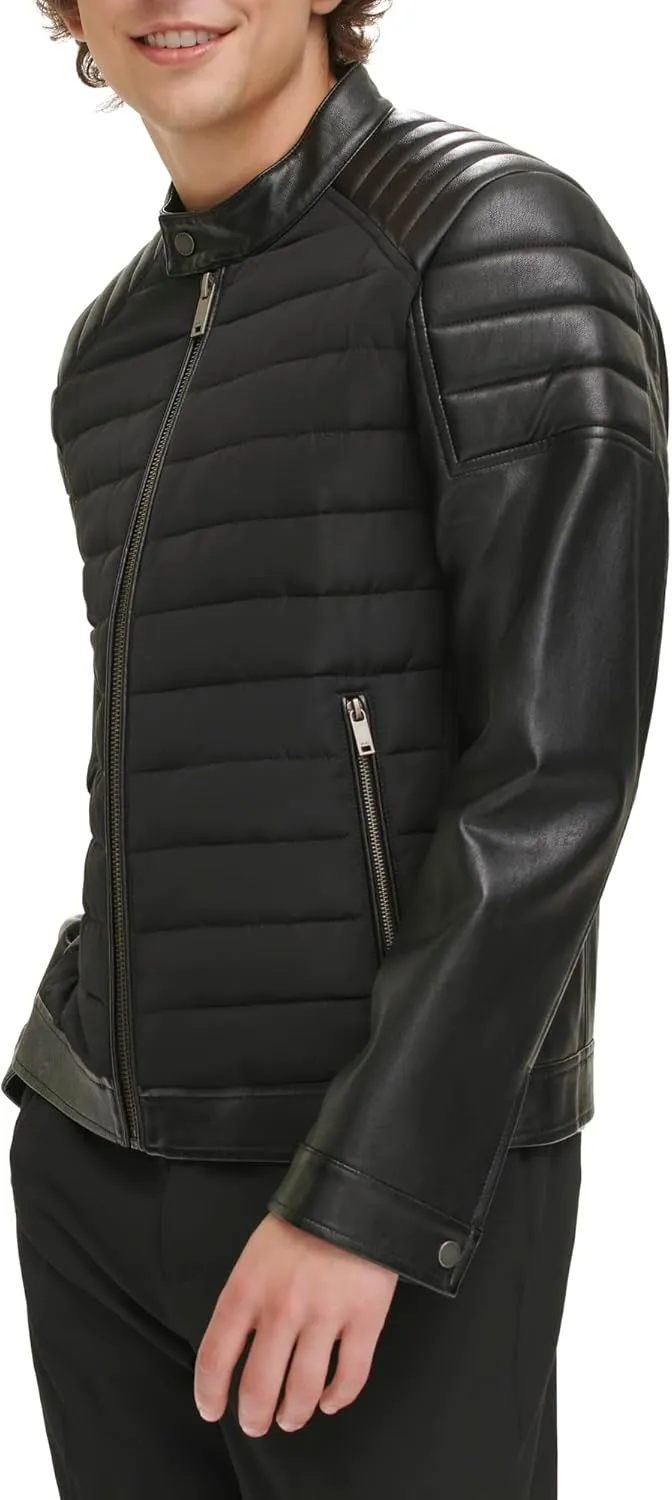 DKNY Men's Mixed Media Faux Leather Puffer Motocros Racer Jacket