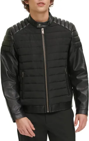 DKNY Men's Mixed Media Faux Leather Puffer Motocros Racer Jacket