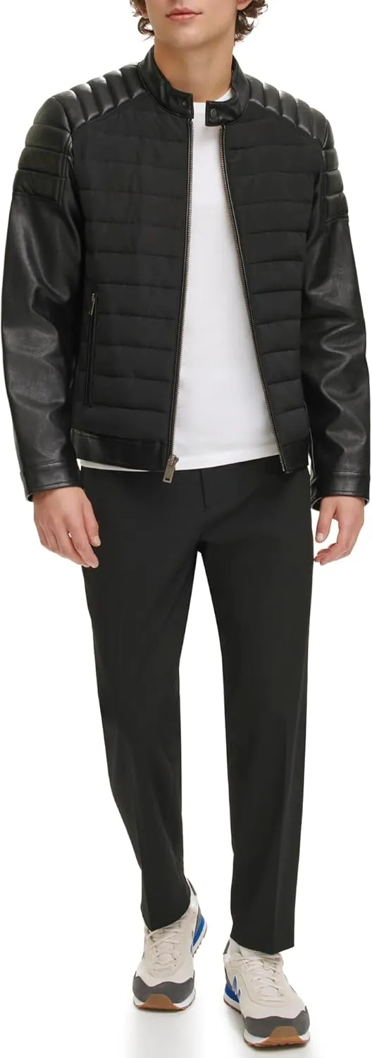 DKNY Men's Mixed Media Faux Leather Puffer Motocros Racer Jacket