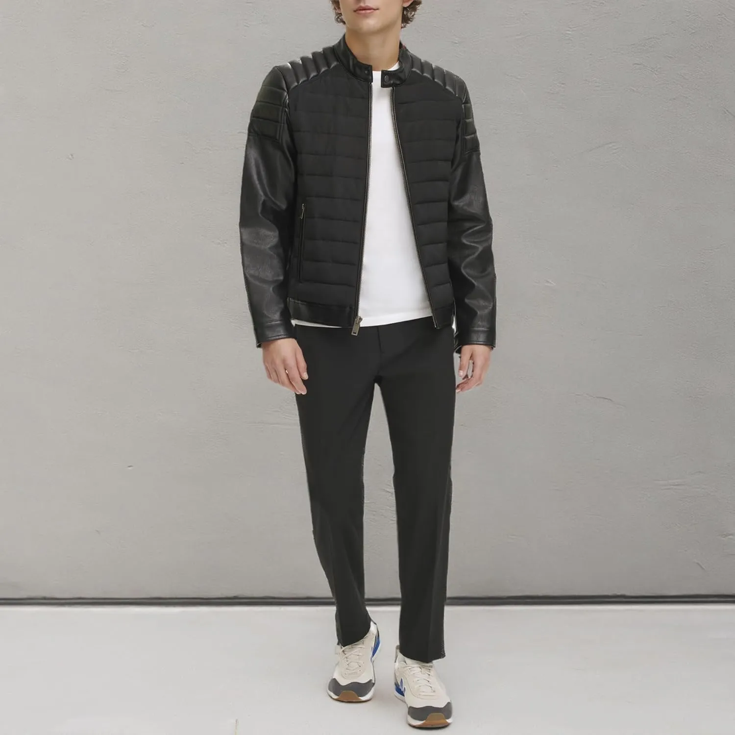 DKNY Men's Mixed Media Faux Leather Puffer Motocros Racer Jacket
