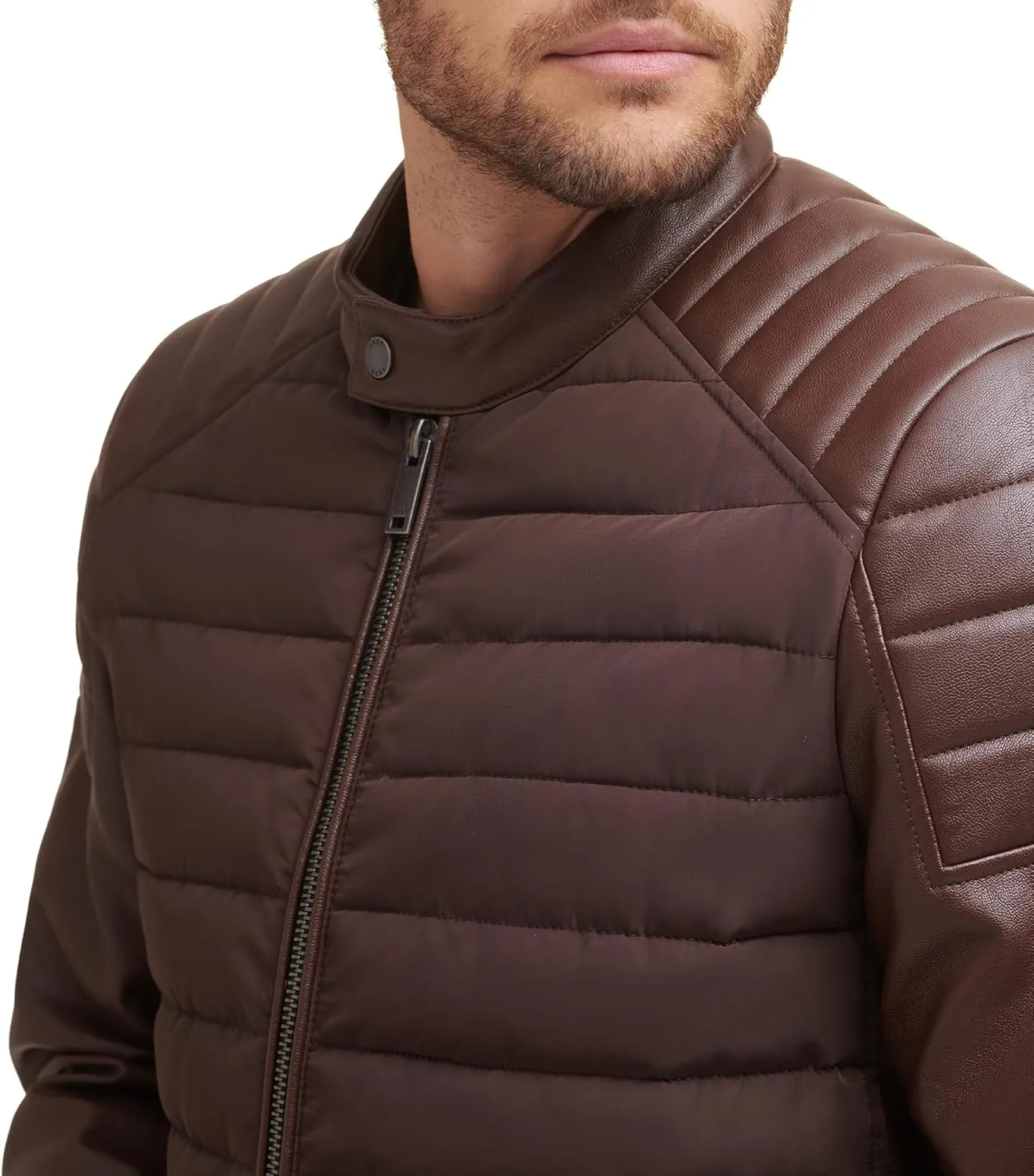 DKNY Men's Mixed Media Faux Leather Puffer Motocros Racer Jacket