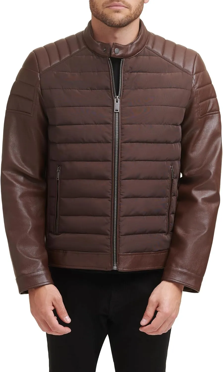 DKNY Men's Mixed Media Faux Leather Puffer Motocros Racer Jacket