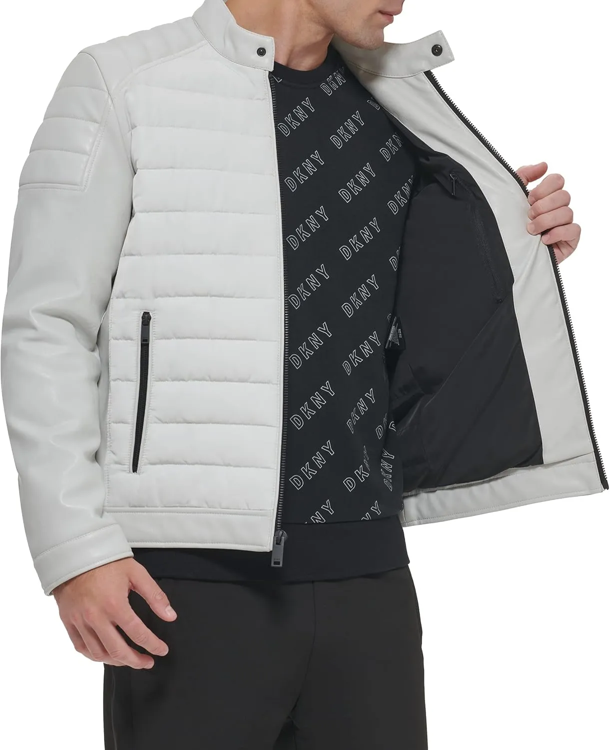 DKNY Men's Mixed Media Faux Leather Puffer Motocros Racer Jacket