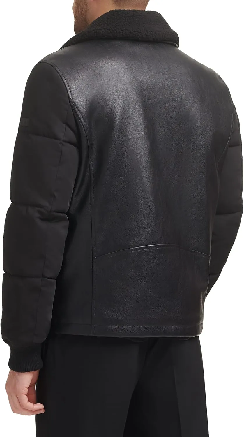 DKNY Mens Mixed Media Faux Leather with Puffer Sleeves