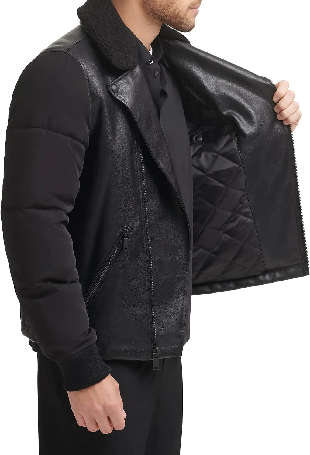 DKNY Mens Mixed Media Faux Leather with Puffer Sleeves