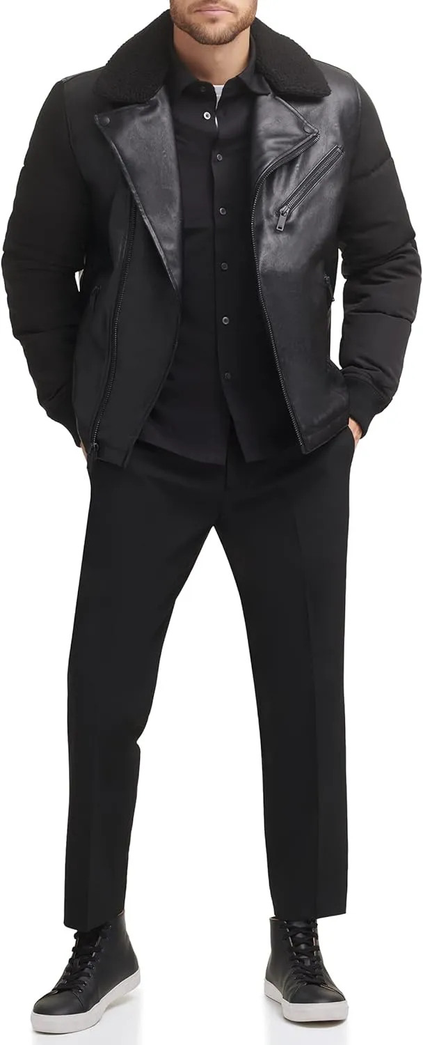 DKNY Mens Mixed Media Faux Leather with Puffer Sleeves
