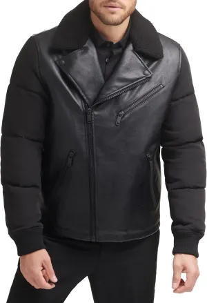 DKNY Mens Mixed Media Faux Leather with Puffer Sleeves