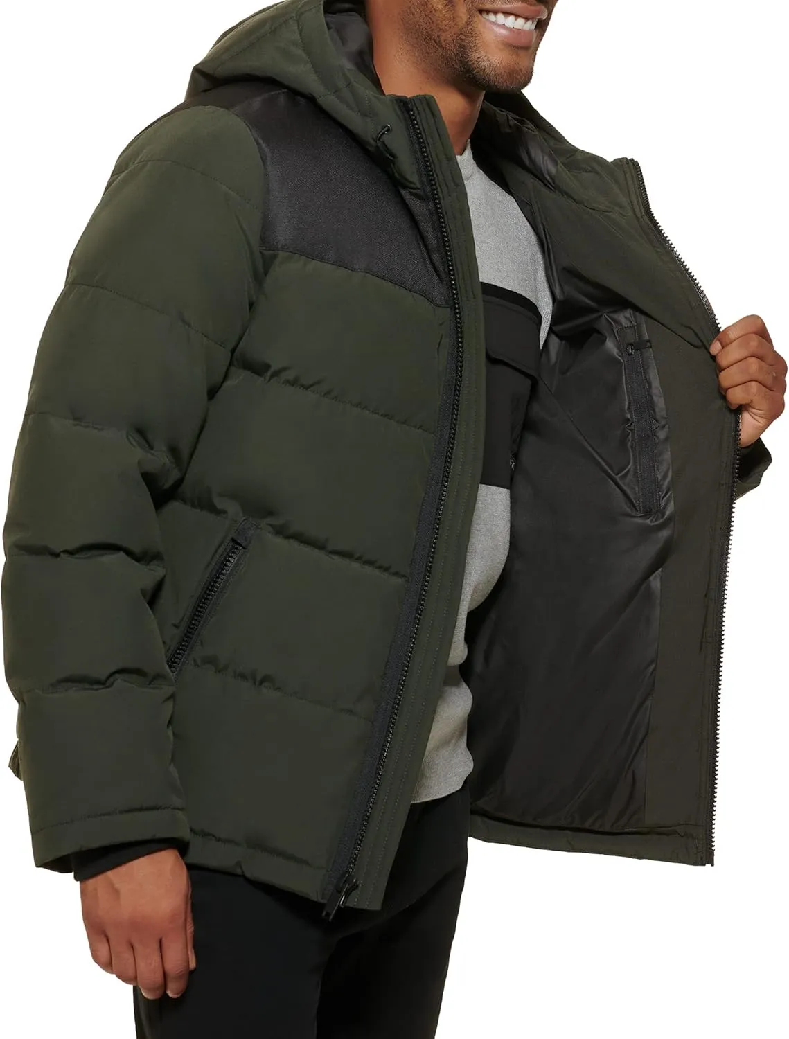 DKNY Mens Mixed Media Quilted Puffer Jacket