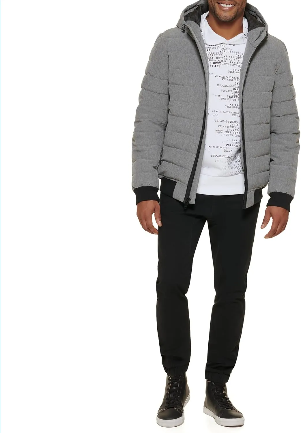 DKNY Men's Quilted Performance Hooded Bomber Jacket