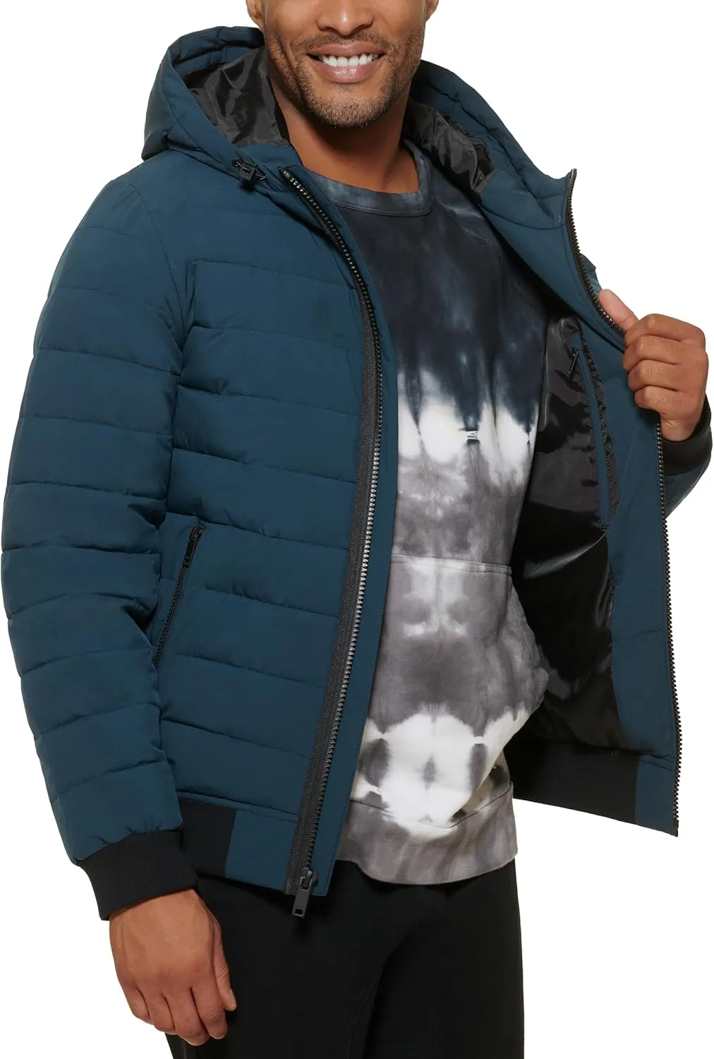 DKNY Men's Quilted Performance Hooded Bomber Jacket