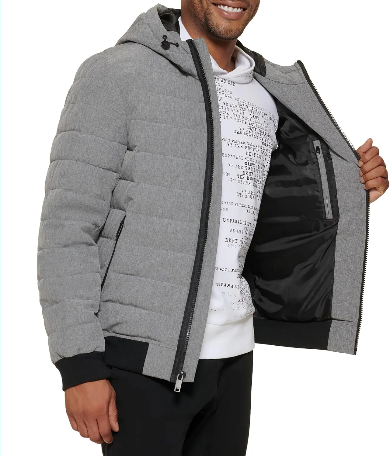 DKNY Men's Quilted Performance Hooded Bomber Jacket