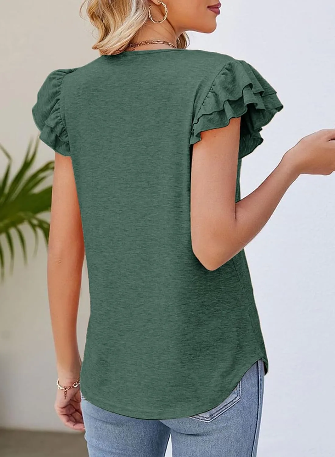 Dokotoo Women's Casual Ruffle Short Sleeve Tops Cute Solid Color Knit Ribbed T Shirts Blouses
