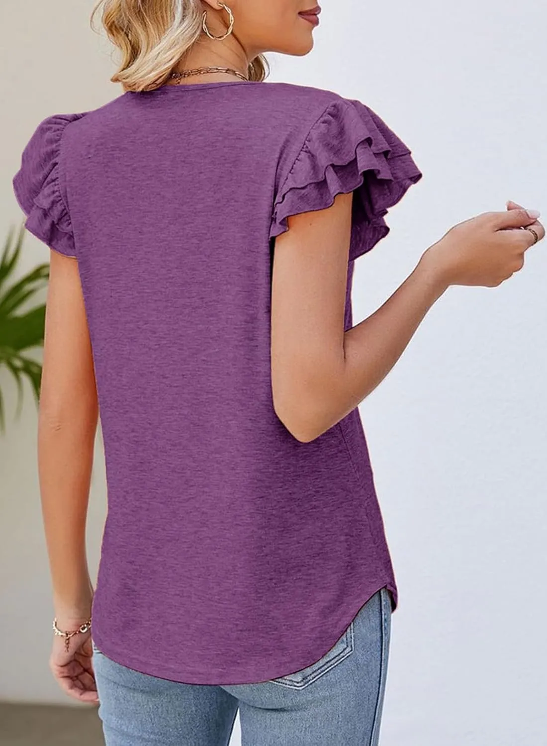 Dokotoo Women's Casual Ruffle Short Sleeve Tops Cute Solid Color Knit Ribbed T Shirts Blouses