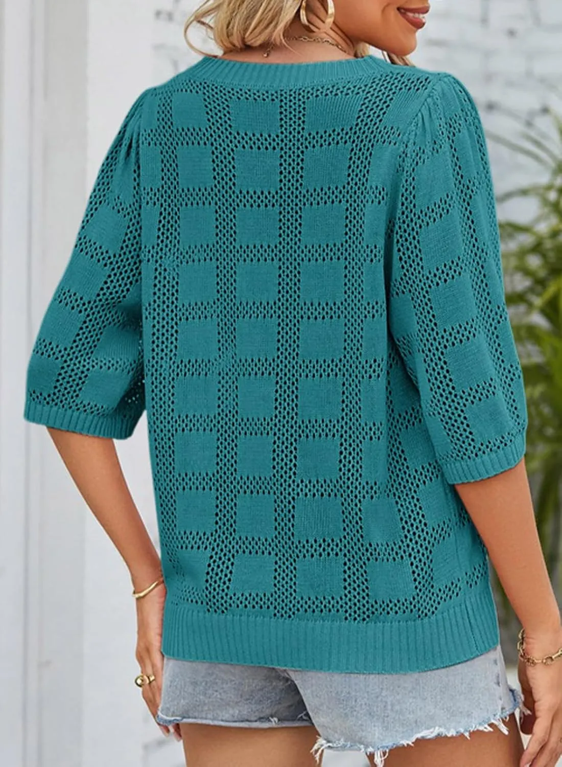 Dokotoo Women's Casual Short Sleeve Loose Tunic Tops Lightweight Crochet Knit Summer Sweaters Blouses