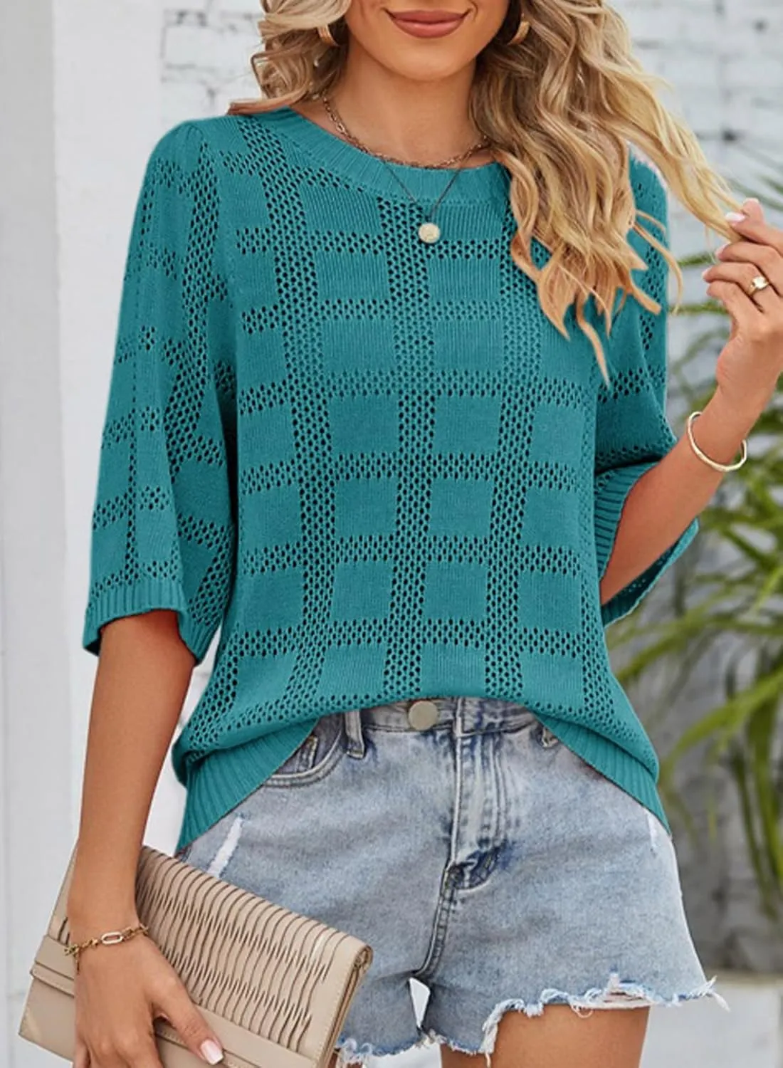 Dokotoo Women's Casual Short Sleeve Loose Tunic Tops Lightweight Crochet Knit Summer Sweaters Blouses