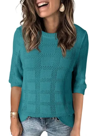 Dokotoo Women's Casual Short Sleeve Loose Tunic Tops Lightweight Crochet Knit Summer Sweaters Blouses
