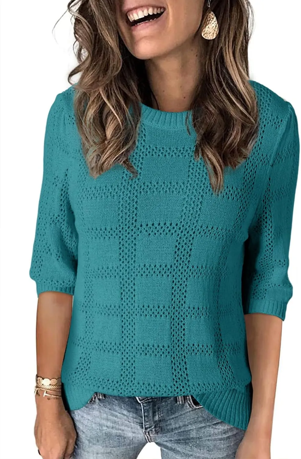 Dokotoo Women's Casual Short Sleeve Loose Tunic Tops Lightweight Crochet Knit Summer Sweaters Blouses