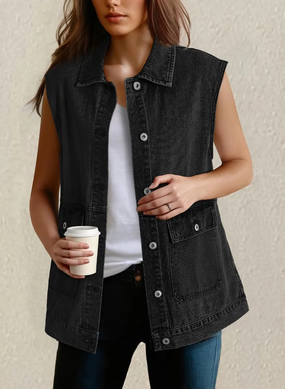 Dokotoo Womens Fashion 2025 Casual Denim Vest Oversized Mid Long Jean Vest Sleeveless Jean Jacket Shacket with Pockets