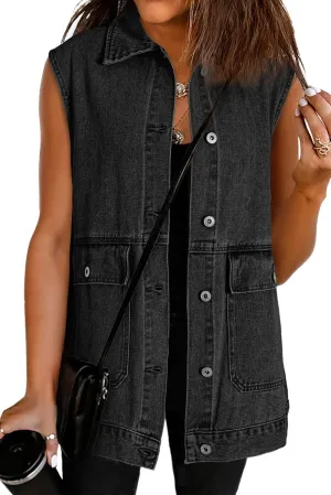Dokotoo Womens Fashion 2025 Casual Denim Vest Oversized Mid Long Jean Vest Sleeveless Jean Jacket Shacket with Pockets