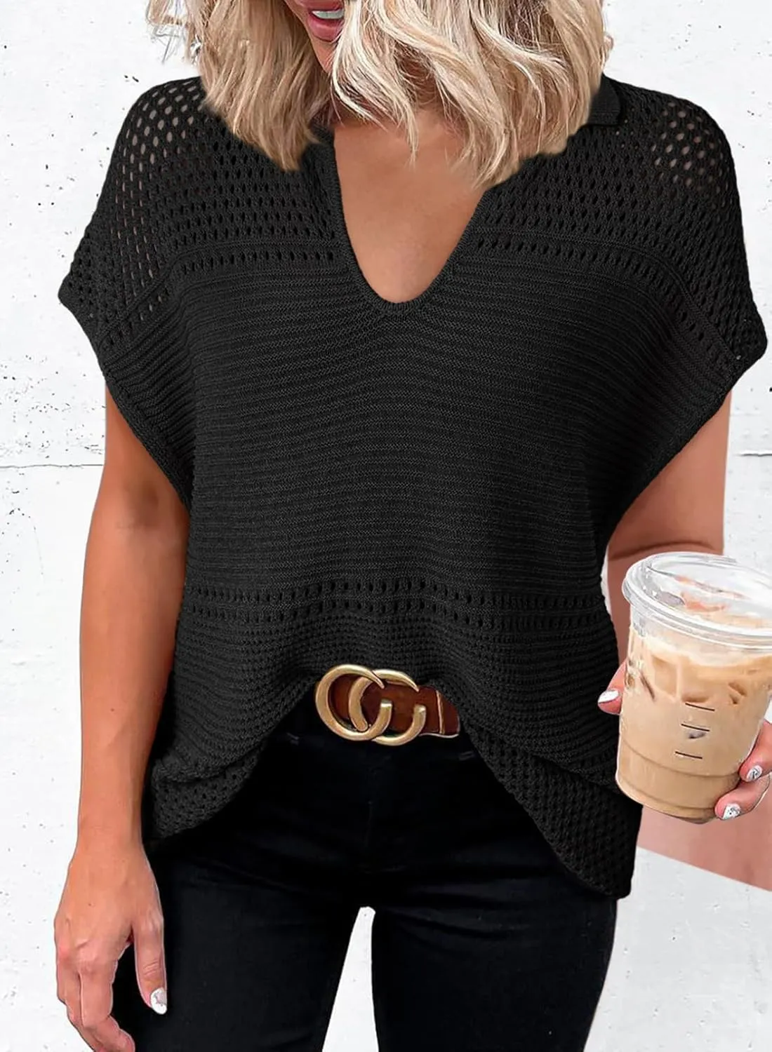 Dokotoo Womens Tops 2025 Summer Spring Casual V Neck Short Sleeve Sweater Crochet Tops Casual Dressy Blouses