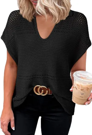 Dokotoo Womens Tops 2025 Summer Spring Casual V Neck Short Sleeve Sweater Crochet Tops Casual Dressy Blouses