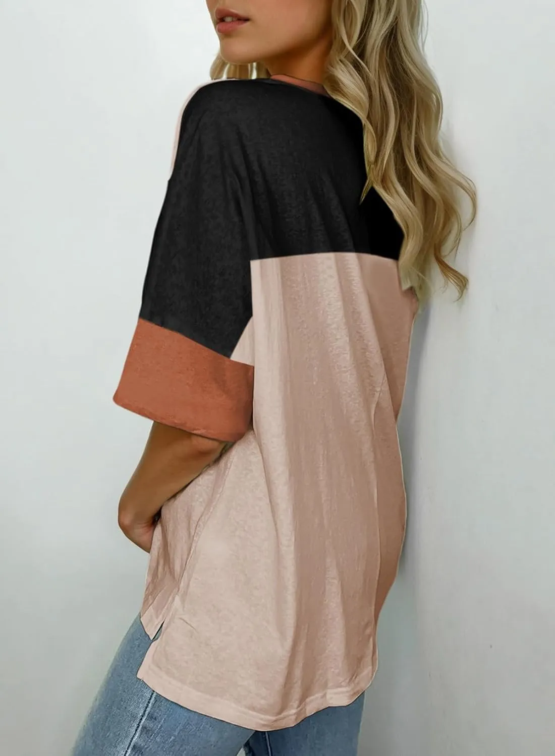 Dokotoo Womens Tops Oversized Trendy Shirts 2025 Summer Color Block Crewneck Business Casual Womens Blouses S-2XL