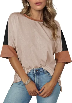 Dokotoo Womens Tops Oversized Trendy Shirts 2025 Summer Color Block Crewneck Business Casual Womens Blouses S-2XL